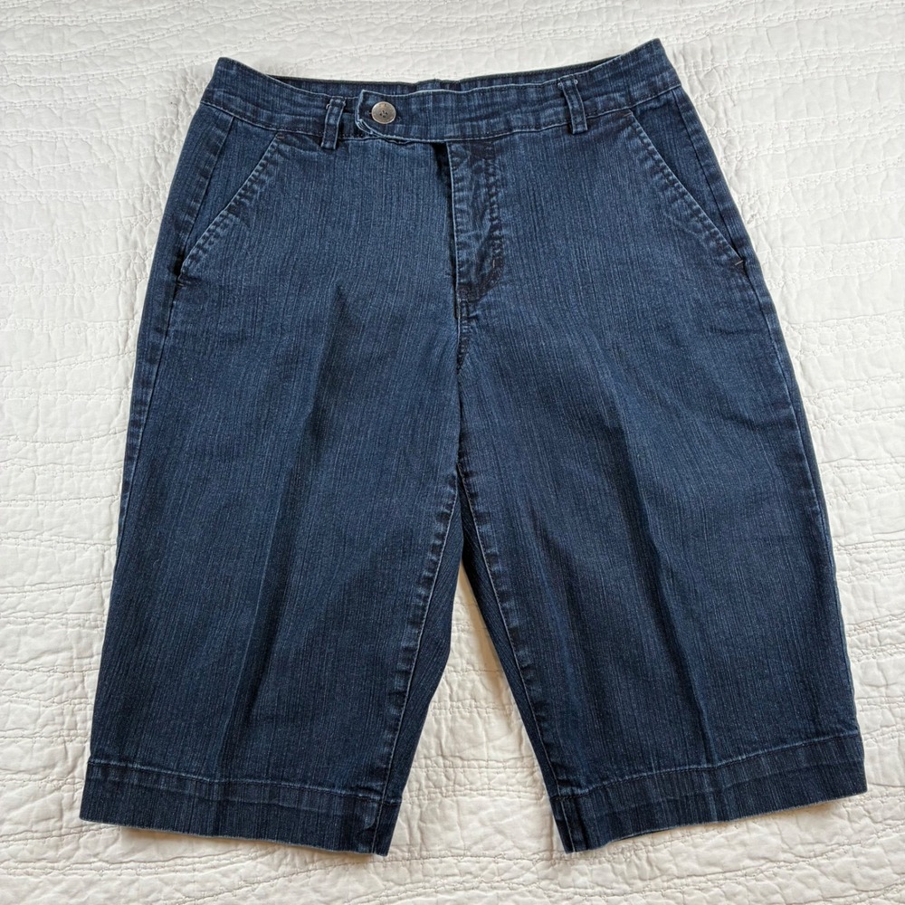 Bandolino Blu Denim Bermuda Shorts Sz 10 Trouser Front Crease Dark Wash Jorts